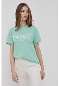 TwinSet - Twinset t-shirt bawełniany kolor turkusowy. Okazja: na co dzień. Kolor: turkusowy. Materiał: bawełna. Wzór: aplikacja. Styl: casual #5