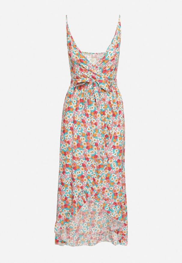 Born2be - Niebiesko-Czerwona Bawełniana Sukienka na Ramiączkach z Kopertowym Dekoltem i Asymetrycznym Rozcięciem Xiloa. Okazja: na co dzień. Typ kołnierza: dekolt kopertowy. Kolor: niebieski. Materiał: bawełna. Długość rękawa: na ramiączkach. Wzór: aplikacja. Typ sukienki: kopertowe, asymetryczne. Styl: casual