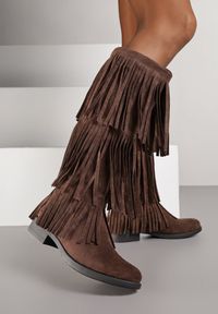 Renee - Brązowe Kozaki w Stylu Boho z Frędzlami Funama. Kolor: brązowy. Materiał: jeans. Styl: boho