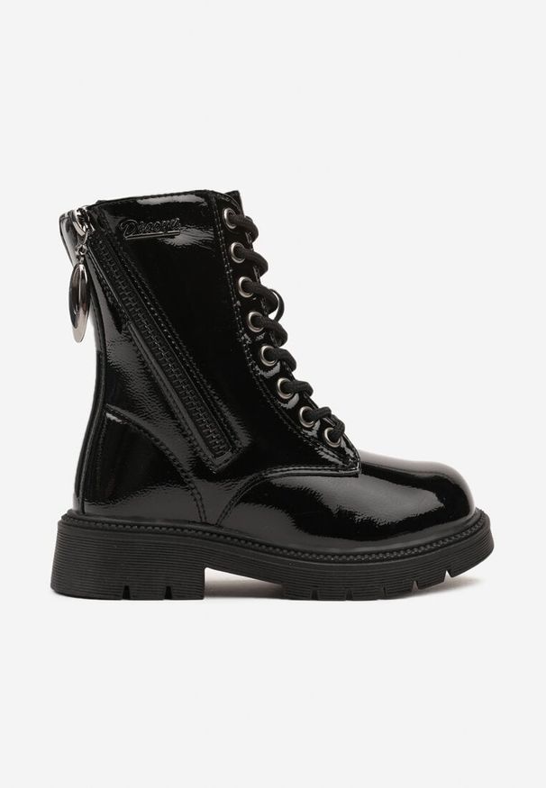 Born2be - Czarne Lakierowane Botki Workery na Grubej Podeszwie z Ozdobnym Suwakiem Siamira. Okazja: na co dzień. Kolor: czarny. Materiał: lakier. Styl: casual, elegancki