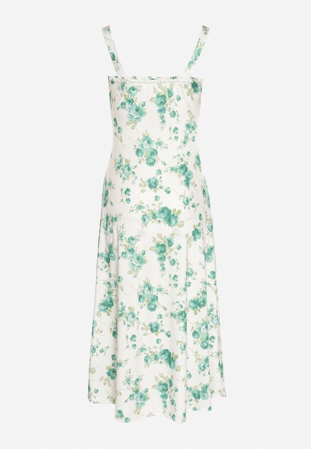 Born2be - Biało-Zielona Taliowana Sukienka w Kwiaty Ozdobiona Wiązaniem Firavire. Okazja: na co dzień. Kolor: zielony. Wzór: kwiaty, aplikacja. Sezon: wiosna, lato. Typ sukienki: sportowe. Styl: casual, sportowy