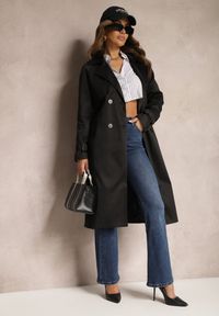 Renee - Czarny Długi Płaszcz Trencz Dwurzędowy z Paskiem w Komplecie Sabila. Kolor: czarny. Materiał: jeans. Długość rękawa: długi rękaw. Długość: długie. Styl: klasyczny, elegancki, wizytowy