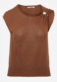 Born2be - Brązowa Dzianinowa Bluzka z Wiskozy Bez Rękawów z Biżuteryjną Aplikacją Orinera. Okazja: na co dzień, na spotkanie biznesowe, do pracy. Kolor: brązowy. Materiał: dzianina, wiskoza. Długość rękawa: bez rękawów. Wzór: aplikacja. Styl: casual, biznesowy #4