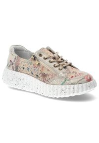 Sneakersy damskie Vinceza, cholewka ze skóry naturalnej z kolorowym, kwiatowym wzorem klasyczne sznurowanie dodatkowe zapięcie na zamek z boku, złote. Zapięcie: sznurówki. Kolor: złoty. Materiał: skóra. Szerokość cholewki: normalna. Wzór: kolorowy, kwiaty #1