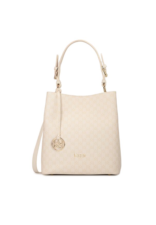 Kazar - Skórzana torebka z beżowym printem. Kolor: beżowy. Wzór: nadruk. Materiał: skórzane. Styl: elegancki, casual. Rodzaj torebki: do ręki