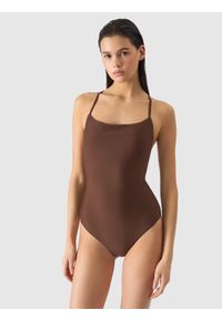 4f - Kostium kąpielowy jednoczęściowy damski - brązowy. Kolor: brązowy. Materiał: włókno, elastan, materiał, syntetyk. Wzór: jednolity