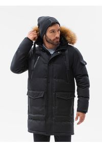 Ombre Clothing - Kurtka męska parka zimowa - czarna V2 OM-JALJ-0132 - XXL. Kolor: czarny. Materiał: futro, poliester. Długość: długie. Wzór: aplikacja. Sezon: zima