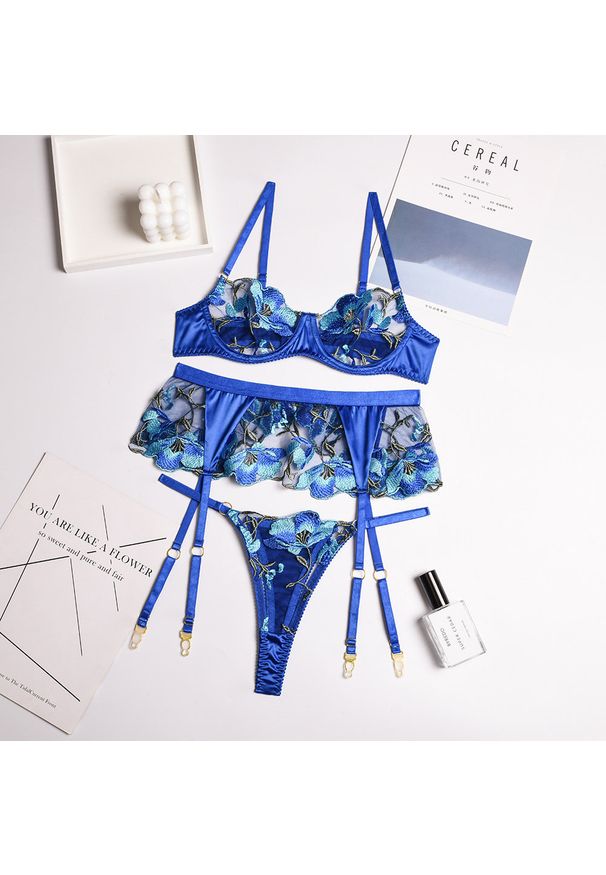 Intica - Komplet bielizny z koronką i kwiatowym wzorem Walda. Kolor: niebieski. Materiał: koronka. Wzór: kwiaty, koronka