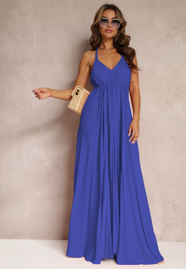 Renee - Granatowa Rozkloszowana Sukienka Bawełniana z Wiązaniem na Szyi Panethea. Kolor: niebieski. Materiał: bawełna. Długość: maxi