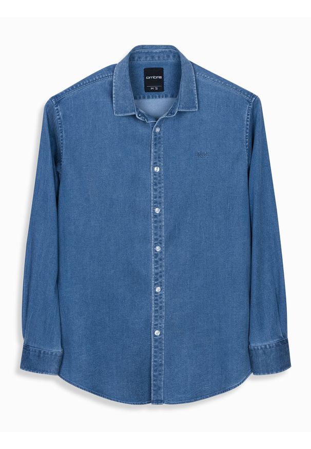 Ombre Clothing - Męska koszula jeansowa z lyocellem oraz haftem na piersi – niebieska V2 OM-SHDS-0180 - XXL. Kolor: niebieski. Materiał: jeans. Wzór: haft