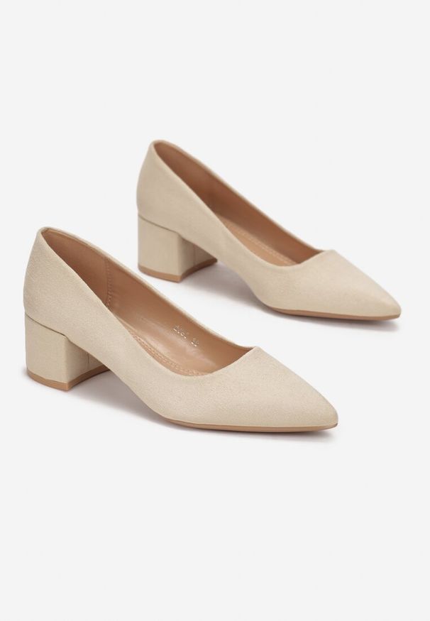 Renee - Beżowe Czółenka Natti. Kolor: beżowy. Materiał: dzianina, jeans. Wzór: geometria, jednolity. Obcas: na słupku. Styl: elegancki