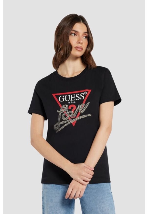 Guess - GUESS Czarny damski t-shirt bawełniany Love Tee, Rozmiar L. Kolor: czarny. Materiał: bawełna