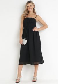 Born2be - Czarna Rozkloszowana Sukienka Midi na Cienkich Ramiączkach z Wiązaniem w Talii Tessonne. Kolor: czarny. Długość rękawa: na ramiączkach. Długość: midi #4