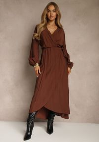 Renee - Brązowa Kopertowa Sukienka z Wiskozą z Wiązanym Paskiem w Talii Fezalia. Kolekcja: plus size. Kolor: brązowy. Materiał: wiskoza. Typ sukienki: kopertowe. Styl: elegancki #1