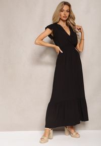 Renee - Czarna Rozkloszowana Sukienka Maxi z Bawełny o Kopertowym Kroju Asmerie. Kolor: czarny. Materiał: bawełna. Sezon: lato. Typ sukienki: kopertowe. Długość: maxi