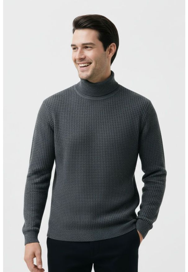 Golf Szary Dziergany, Luźny Splot, Męski, Elegancki -Brave Soul. Typ kołnierza: golf. Kolor: szary. Materiał: akryl. Wzór: ze splotem. Sezon: jesień, zima. Styl: elegancki