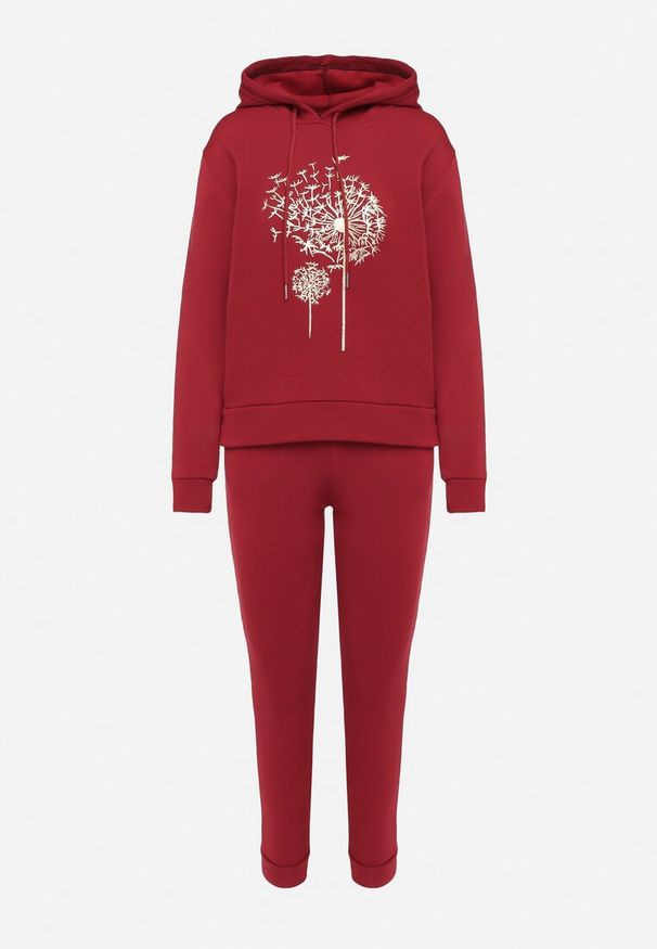 Born2be - Bordowy Bawełniany Komplet Dresowy Ocieplany Bluza i Spodnie Sevizelle. Kolor: czerwony. Materiał: bawełna, dresówka. Wzór: aplikacja, nadruk