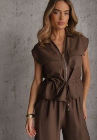 Renee - Brązowy Komplet Utility z Wiskozy Spodnie i Bluzka na Suwak ze Ściągaczem Petolira. Kolor: zielony. Materiał: wiskoza #4