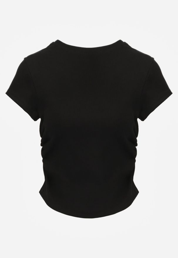 Renee - Czarny Dopasowany T-shirt z Marszczeniem z Bawełnianej Tkaniny w Prążki Assarena. Okazja: na co dzień. Kolor: czarny. Materiał: bawełna, tkanina. Wzór: prążki. Styl: elegancki, casual