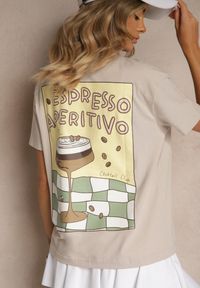 Renee - Beżowy T-shirt Oversize z Bawełny Ozdobiony Nadrukiem Filiora. Okazja: na co dzień. Kolor: beżowy. Materiał: bawełna. Wzór: aplikacja, nadruk. Styl: casual