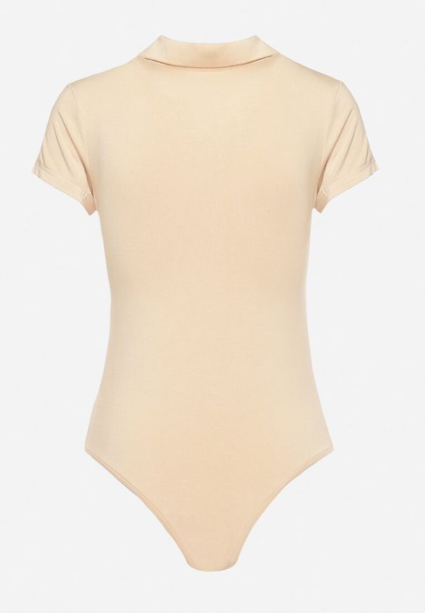 Born2be - Beżowe Body z Kołnierzykiem i Ozdobnym Supełkiem Timawin. Okazja: na spotkanie biznesowe. Kolor: beżowy. Materiał: jeans, materiał. Długość rękawa: krótki rękaw. Długość: krótkie. Styl: biznesowy, klasyczny
