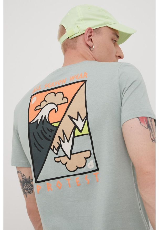 Protest t-shirt bawełniany kolor turkusowy z nadrukiem. Kolor: turkusowy. Materiał: bawełna. Wzór: nadruk