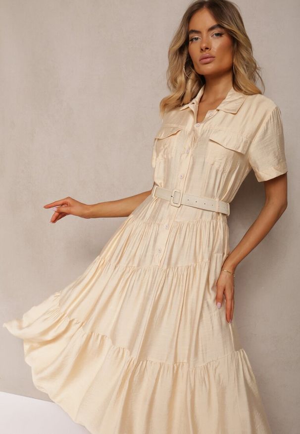 Renee - Beżowa Rozkloszowana Sukienka z Paskiem w Talii Vimalise. Okazja: na imprezę. Typ kołnierza: dekolt w kształcie V. Kolor: beżowy. Długość rękawa: krótki rękaw. Styl: elegancki