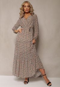 Renee - Beżowo-Granatowa Sukienka Maxi Boho Edei. Typ kołnierza: dekolt w kształcie V. Kolor: beżowy. Materiał: tkanina, materiał. Długość rękawa: długi rękaw. Typ sukienki: kopertowe. Styl: boho. Długość: maxi