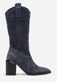 Born2be - Granatowe Botki Kowbojki na Obcasie z Haftem Laora. Kolor: niebieski. Materiał: jeans. Wzór: haft. Obcas: na obcasie. Styl: klasyczny, elegancki, boho. Wysokość obcasa: średni #5