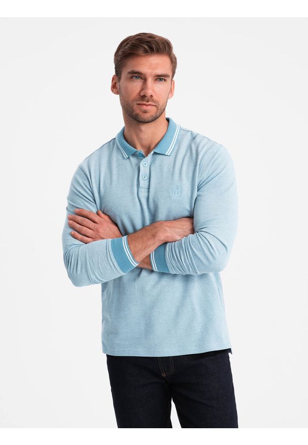 Ombre Clothing - Melanżowy longsleeve męski polo z haftem – niebieski melanż V3 - Rozmiar: XXL. Okazja: na co dzień. Typ kołnierza: polo. Kolor: niebieski. Materiał: bawełna, dzianina. Długość rękawa: długi rękaw. Długość: długie. Wzór: melanż, haft. Styl: klasyczny, sportowy, casual