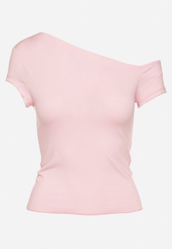 Born2be - Różowa Dopasowana Bluzka z Asymetrycznym Dekoltem i Krótkim Rękawem Borbia. Okazja: na co dzień. Kolor: różowy. Materiał: jeans. Długość rękawa: krótki rękaw. Długość: krótkie. Styl: casual, klasyczny