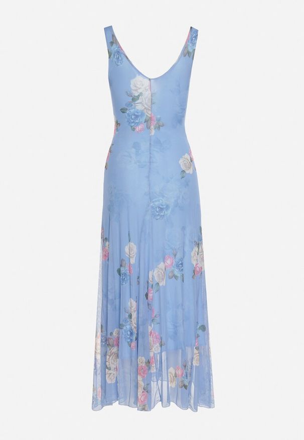 Born2be - Niebieska Siateczkowa Sukienka z Kwiatowym Motywem Milanessa. Okazja: na co dzień. Kolor: niebieski. Materiał: jeans. Wzór: kwiaty. Typ sukienki: proste. Styl: elegancki, casual
