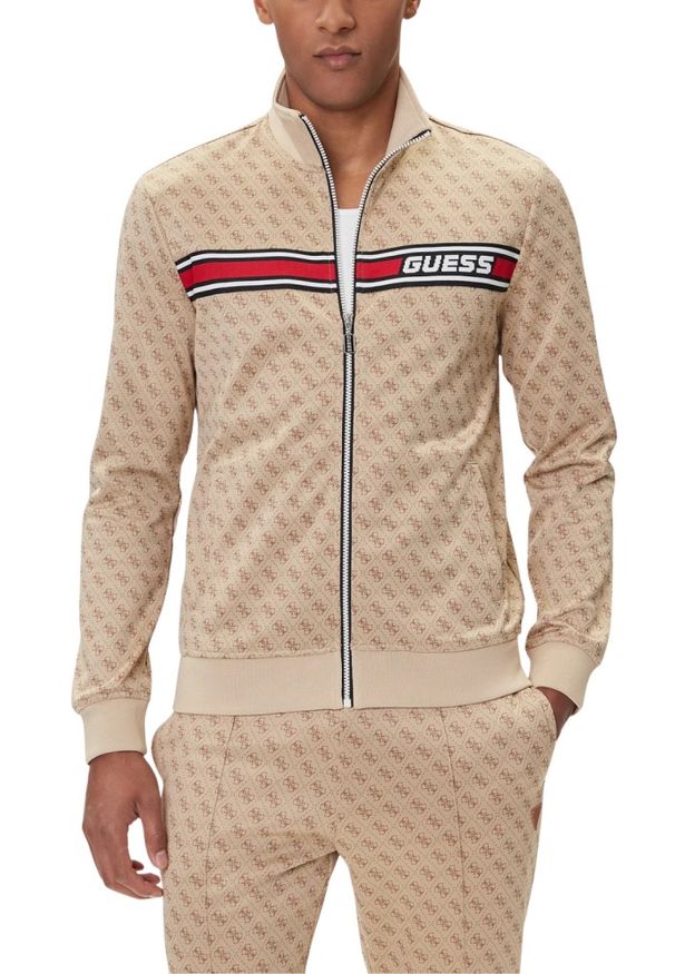 Guess - GUESS Beżowa rozpinana męska bluza w monogram Korbin, Rozmiar S. Okazja: na co dzień. Kolor: beżowy. Styl: casual, sportowy