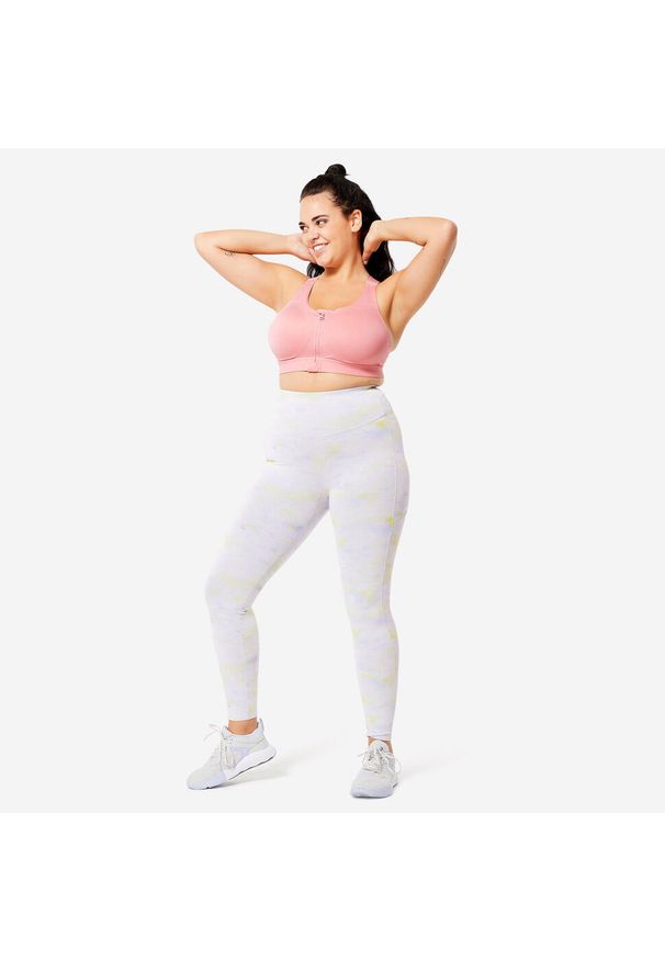 DOMYOS - Stanik sportowy Domyos. Kolekcja: plus size. Kolor: różowy. Materiał: materiał, elastan, skóra. Długość rękawa: na ramiączkach. Sport: fitness