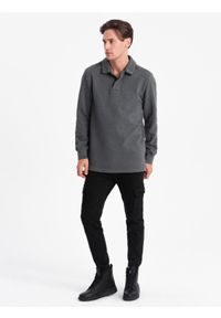 Ombre Clothing - Bluza męska z kołnierzykiem polo ze strukturalnej dzianiny - grafitowy melanż V1 - Rozmiar: M. Typ kołnierza: polo. Kolor: szary. Materiał: dzianina. Wzór: melanż #3