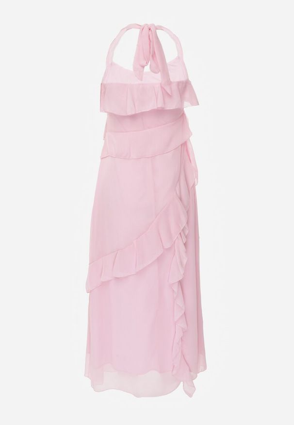 Renee - Różowa Elegancka Sukienka z Taliowaniem Wiązana na Plecach z Falbankami Ocyparia. Okazja: na imprezę. Typ kołnierza: kołnierz z falbankami. Kolor: różowy. Styl: elegancki