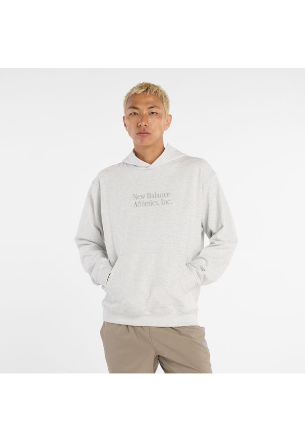 Bluza męska New Balance MT53925AHH – szara. Typ kołnierza: kaptur. Kolor: szary. Materiał: bawełna, dresówka, materiał. Wzór: aplikacja