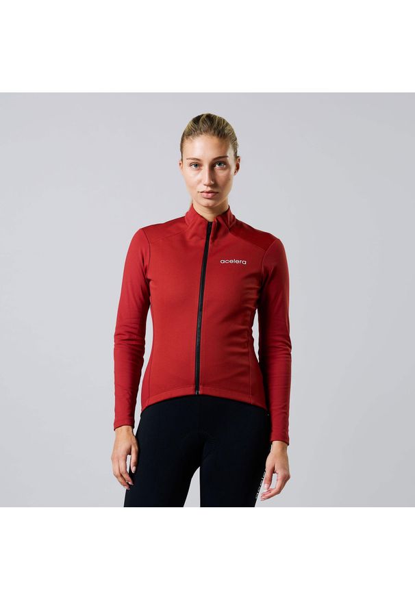 ACELERA - Damska kurtka kolarska Thermo Fleece z długim rękawem. Kolor: czerwony. Materiał: polar, jersey. Długość rękawa: długi rękaw. Długość: długie. Sezon: zima. Sport: kolarstwo