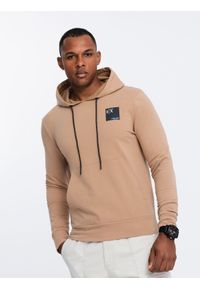 Ombre Clothing - Męska bluza z kapturem kangurka z logotypem – brązowa V3 - Rozmiar: XXL. Typ kołnierza: kaptur. Kolor: brązowy. Materiał: bawełna, dzianina. Wzór: nadruk, jednolity