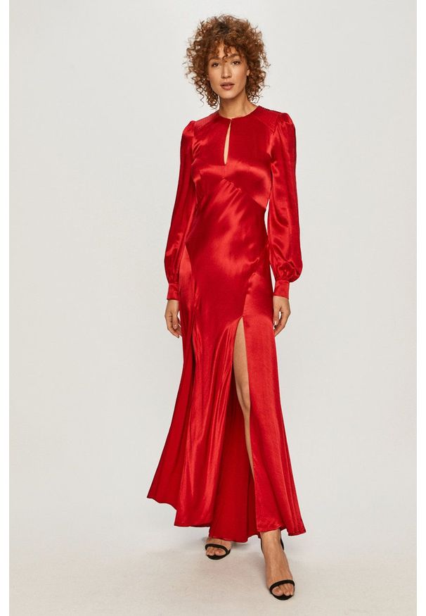 TwinSet - Twinset - Sukienka. Kolor: czerwony. Materiał: tkanina. Długość rękawa: długi rękaw. Wzór: gładki. Typ sukienki: rozkloszowane