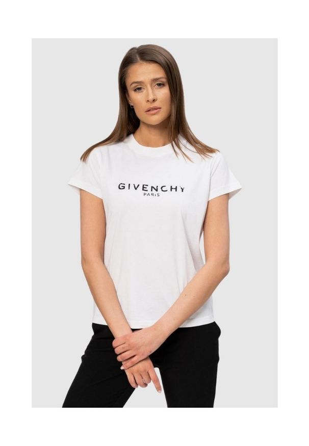 Givenchy - GIVENCHY Biały t-shirt damski z czarnym logo vintage, Rozmiar L. Kolor: biały. Materiał: prążkowany, bawełna. Wzór: aplikacja. Styl: vintage
