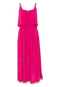 Sukienka midi z falbaną bonprix różowy. Kolor: różowy. Styl: elegancki. Długość: midi #1