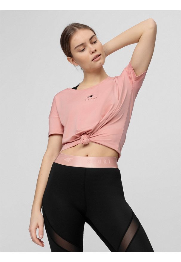 4f - Koszulka treningowa damska. Kolor: różowy. Materiał: włókno, dzianina. Sport: fitness