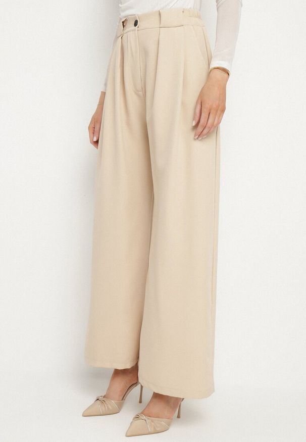 Born2be - Beżowe Spodnie Garniturowe o Szerokim Kroju z Zakładkami i Wysokim Stanem Ulianeria. Okazja: na co dzień, na spotkanie biznesowe, do pracy. Stan: podwyższony. Kolor: beżowy. Styl: casual, biznesowy, klasyczny