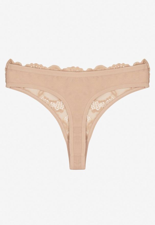 Born2be - Beżowe Koronkowe Majtki Stringi z Bawełny Venalora. Kolor: beżowy. Materiał: bawełna, koronka