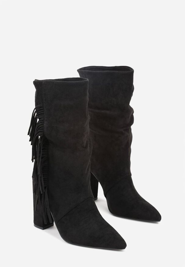 Born2be - Czarne Botki w Stylu Kowbojek na Obcasie Ozdobione Frędzlami Reitania. Okazja: na co dzień. Kolor: czarny. Materiał: jeans. Wzór: aplikacja. Obcas: na obcasie. Styl: casual, klasyczny. Wysokość obcasa: średni