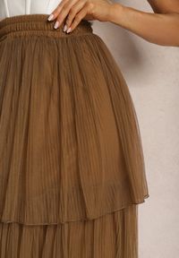 Renee - Brązowa Tiulowa Spódnica Rozkloszowana z Plisowaniem High Waist Eveleena. Stan: podwyższony. Kolor: brązowy. Materiał: tiul. Styl: wizytowy