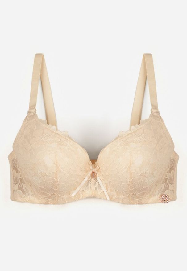 Renee - Beżowy Biustonosz Ozdobiony Koronką i Kokardką Aqiany. Kolor: beżowy. Materiał: koronka. Wzór: aplikacja, koronka