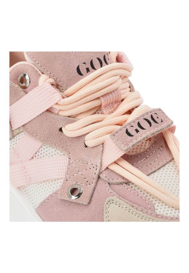 Sneakersy damskie GOE, cholewka ze skóry naturalnej zaokrąglony nosek i masywna podeszwa, różowe, TT2N4022. Okazja: na co dzień. Zapięcie: sznurówki. Kolor: różowy. Materiał: skóra. Szerokość cholewki: normalna. Styl: casual, sportowy, elegancki