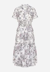 Born2be - Biało-Szara Koktajlowa Sukienka w Kwiaty z Gumką w Talii i Ozdobnym Paskiem Vimaretta. Okazja: na co dzień. Kolor: biały. Materiał: tkanina, jeans. Wzór: kwiaty. Sezon: lato. Styl: wizytowy #7